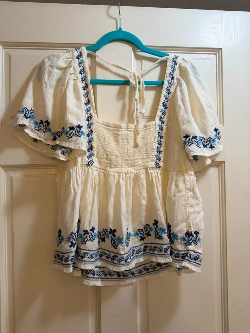 Old Navy Cream Peasant Top with Blue Floral Embroidery